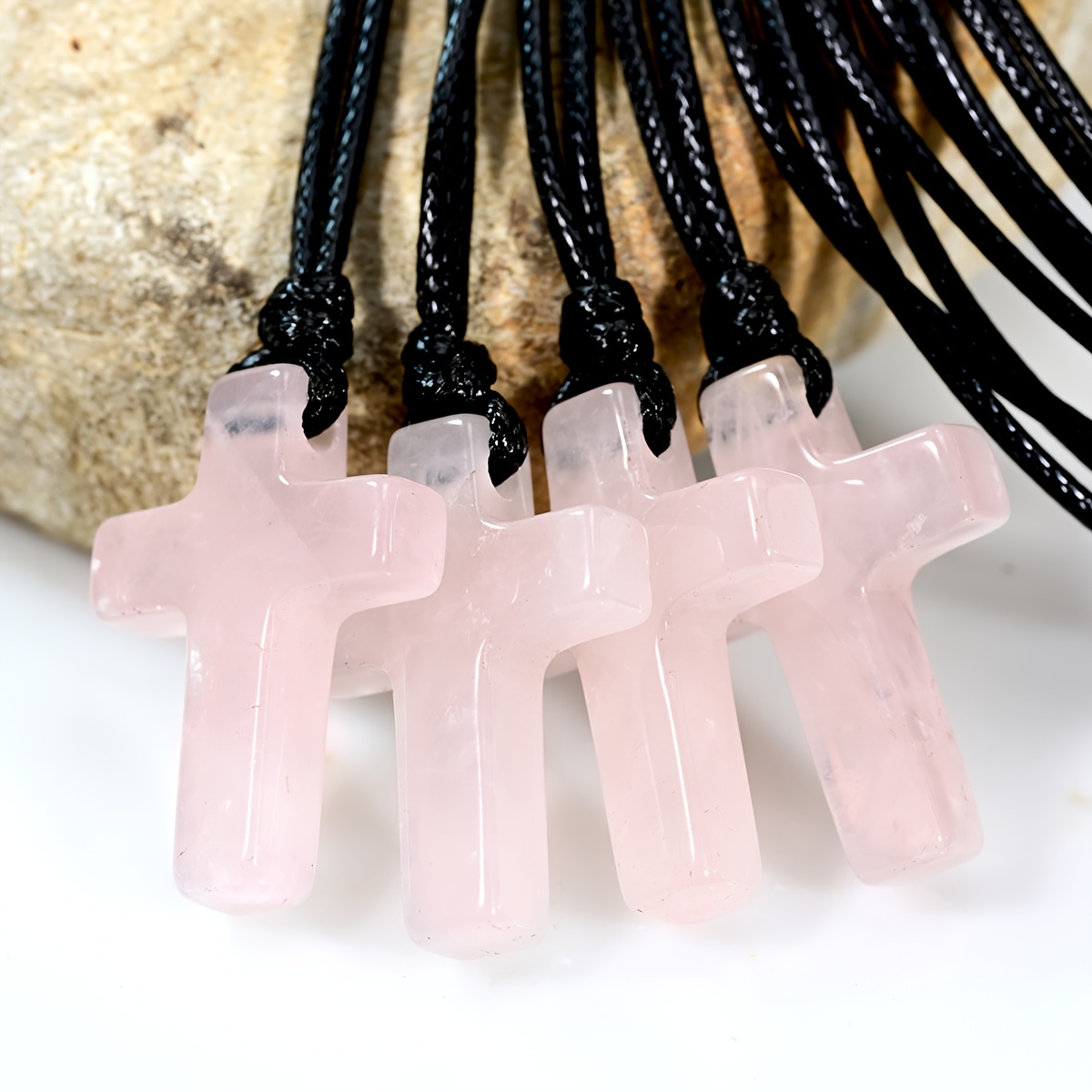 Rose Quartz Cross Pendant Necklace, Retro Style